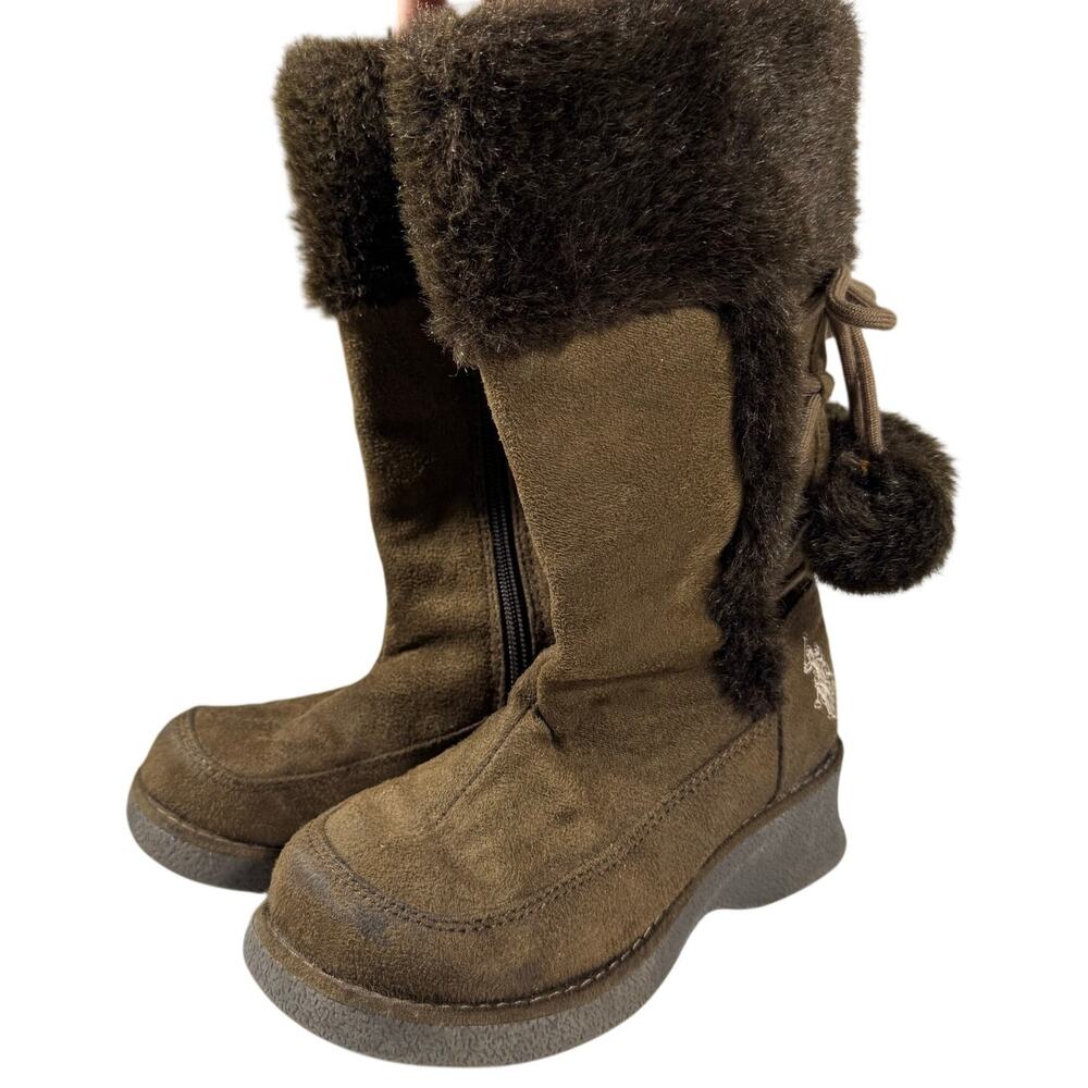 U.S Polo Assn Little Girls 13 Brown‎ Suede Boots Faux Fur Lining Pom Poms Wedges